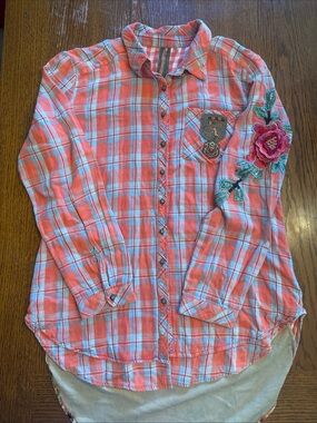 Aratta Silent Journey Womens Button Up Ellie Orange Plaid Floral Patch Small